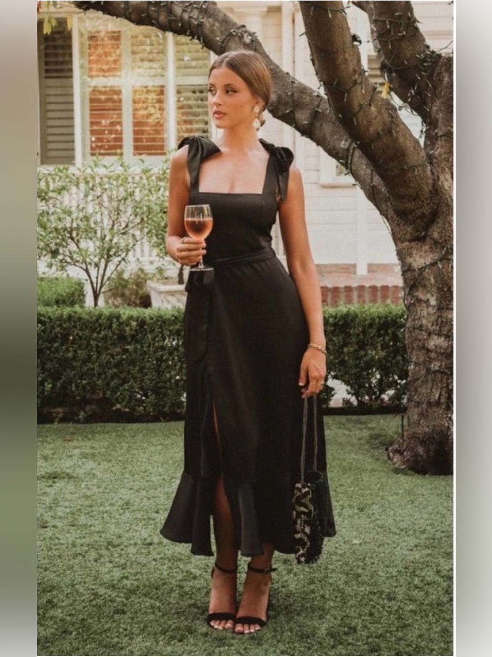 Show Me Your Mumu Claire Midi Dress in Black Luxe Satin M NWT